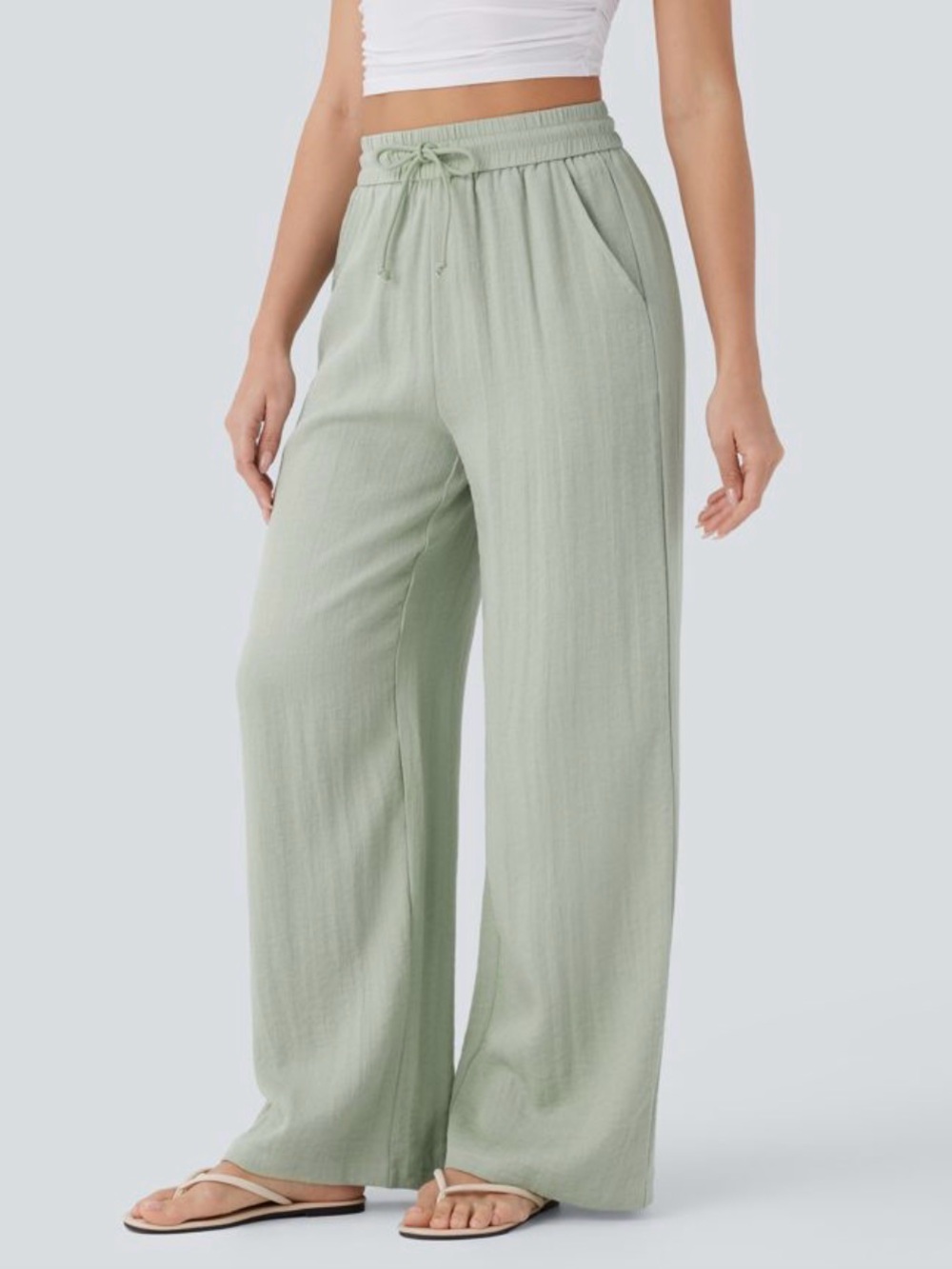 Halara High Waisted Wide Leg Linen-Feel Pants Large Petite Pale Aqua Green NEW